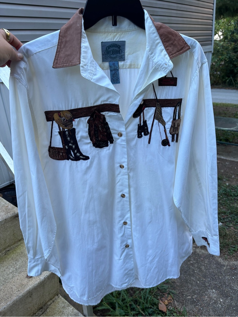 Vintage Cambridge Dry Goods Cotton Shirt M Fishing Suede Collar Novelty